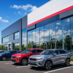 Image of The Exterior of a Car Dealership With a Wide Row of Cars Parked in Front of The Building